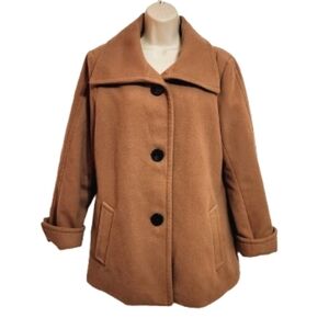 JM Collection Tan Button Front Collared Swing Pea Coat Large